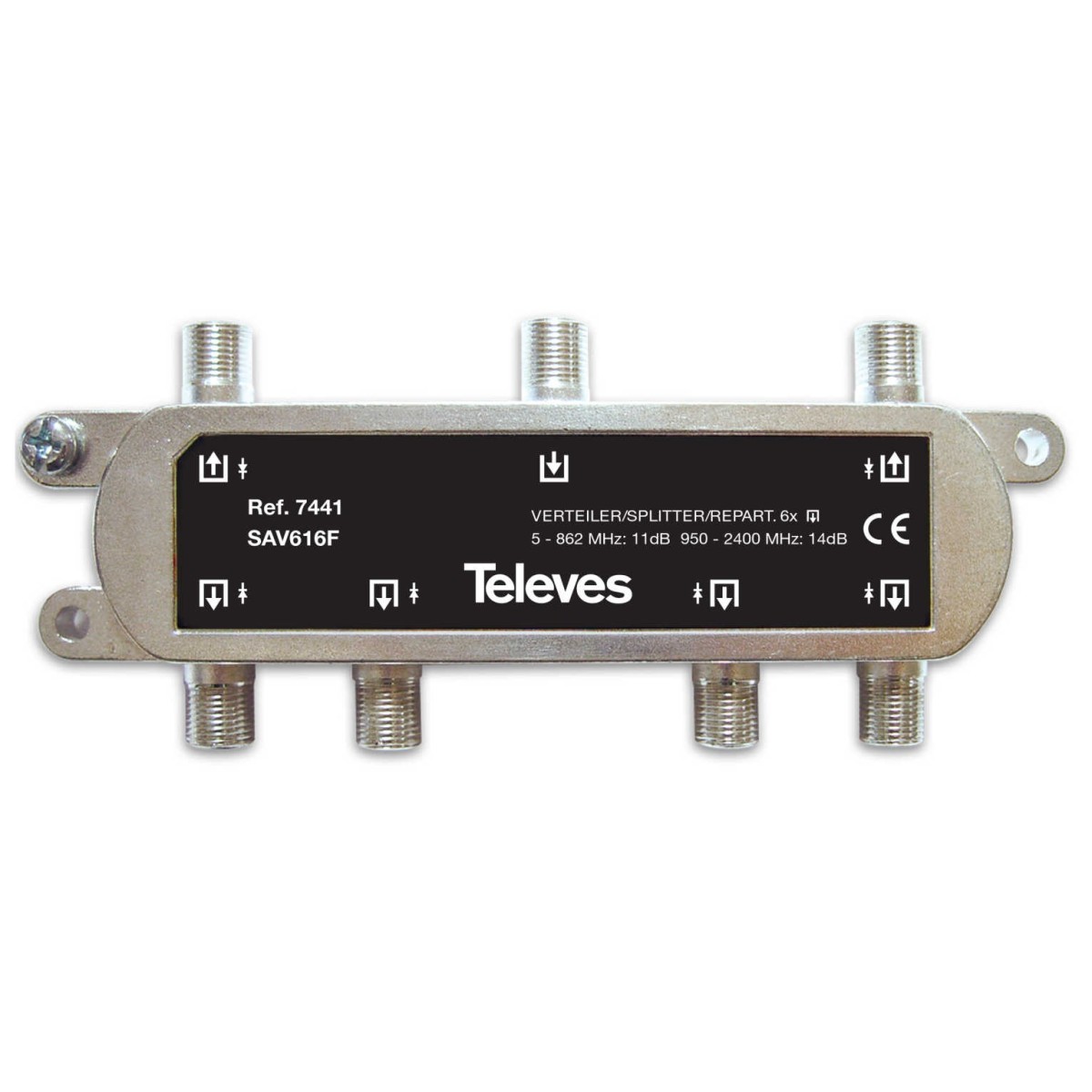 Repartidor 6 direcciones 5/2300 12/16db conector F Televes 7441