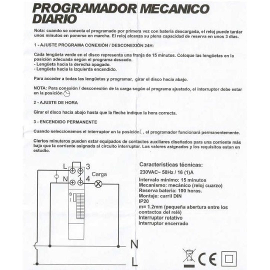 Interruptor horario diario 1 canal reserva 100h