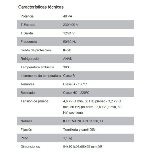 Transformador de 230/400V AC a 12/24V AC 40VA Polilux PB40