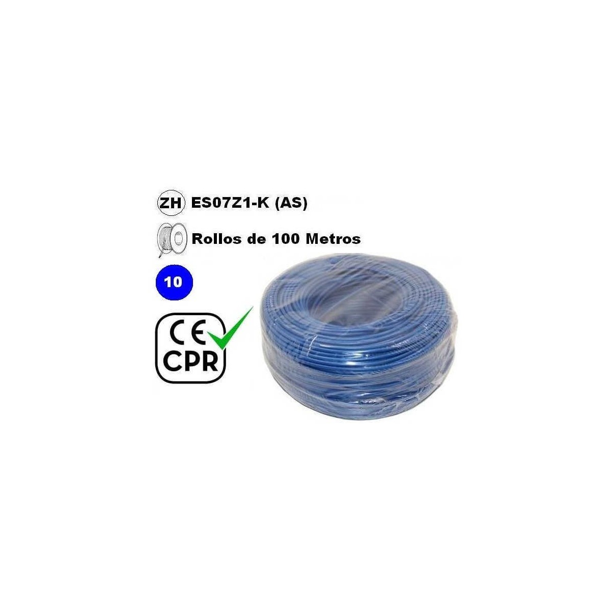 Cable flexible 1x10mm2 azul libre halogenos 750v CE CPR 100 Metros
