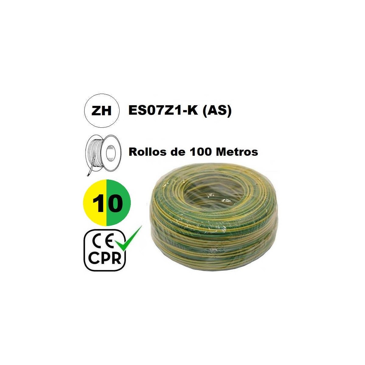 Cable flexible 1x10mm2 tierra libre halogenos 750v CE CPR 100 Metros