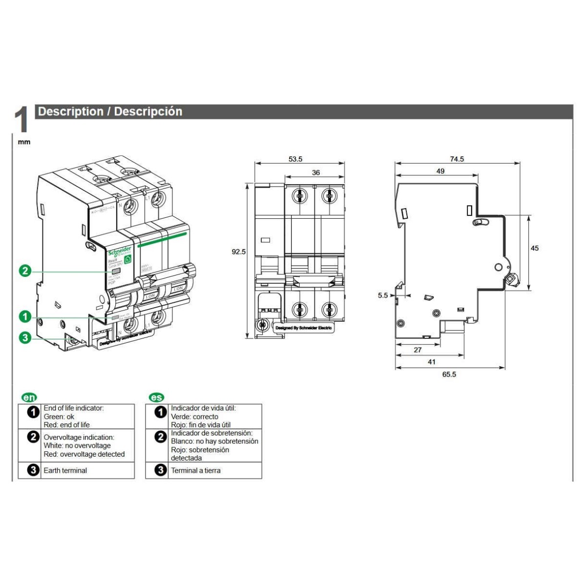 Protector sobretension transitoria y permanente 1P+N 40A Combi SPU Schneider