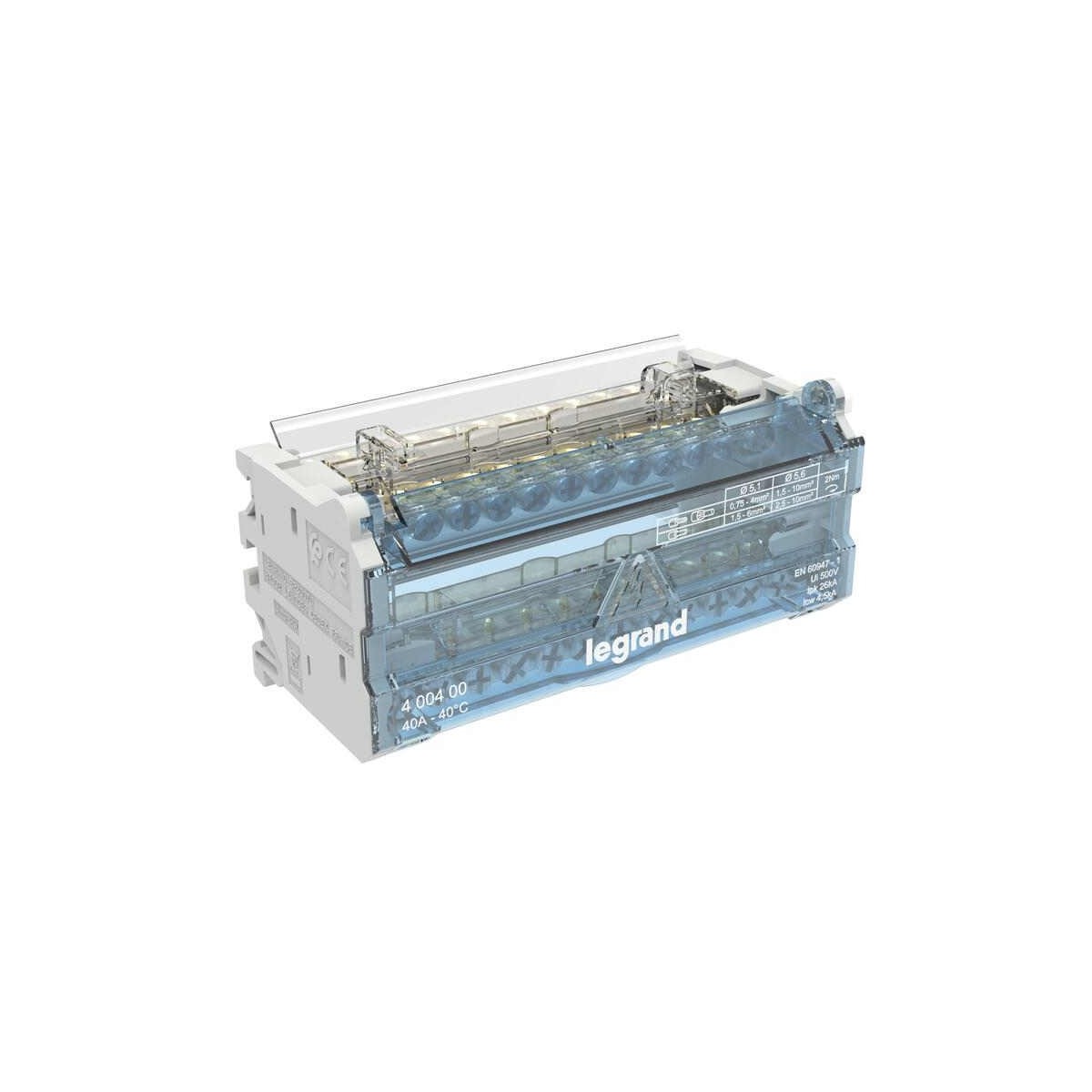 Repartidor riel monofasico 2P 40A 6 Modulos 13 Conexiones Legrand 400400