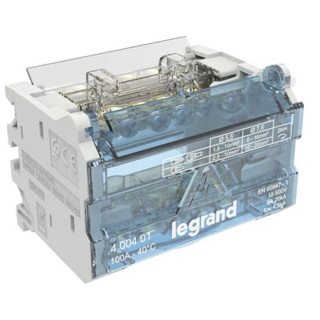 Repartidor riel monofasico 2P 100A 4 Modulos 7 Conexiones Legrand 400401
