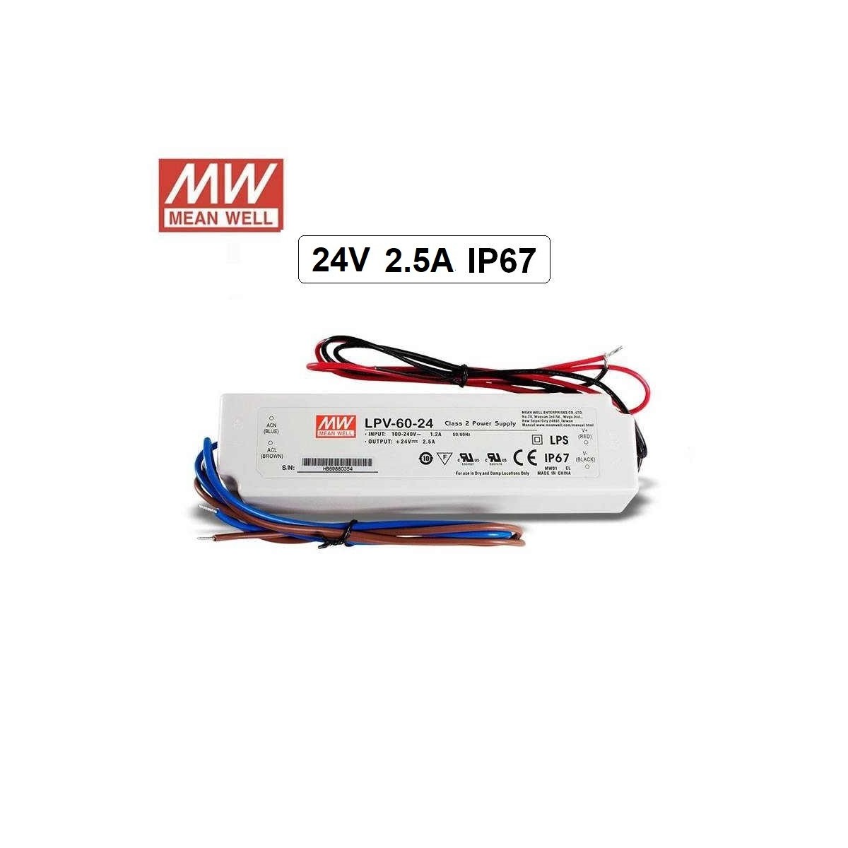 Fuente alimentacion 24V DC 2.5A 60W IP67 Mean Well LPV-60-24