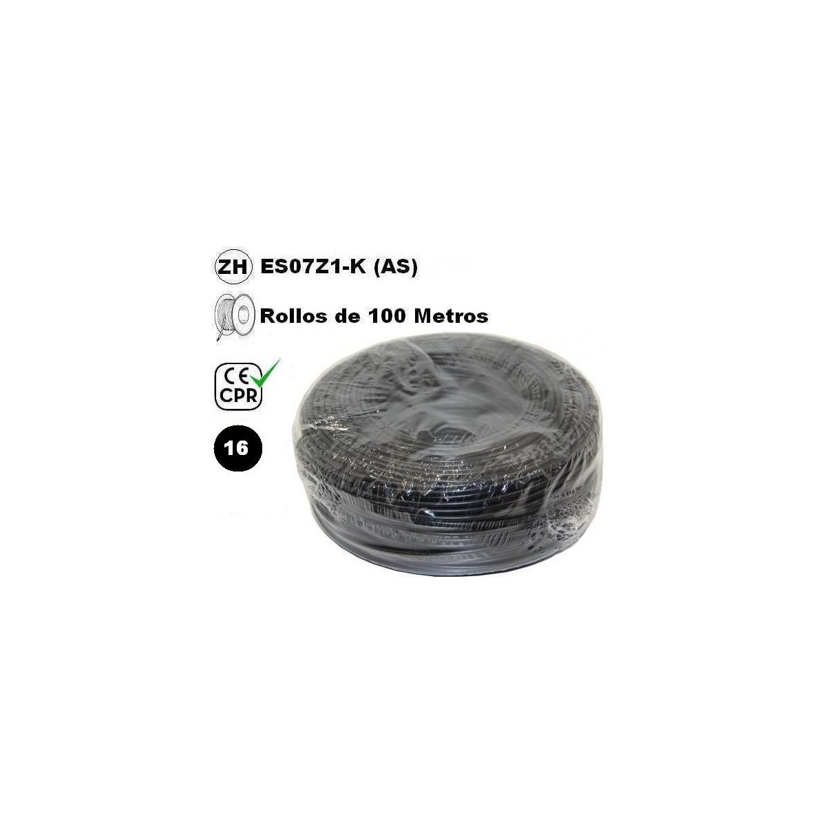 Cable flexible 1x16mm2 negro libre halogenos 750v CE CPR 100 Metros