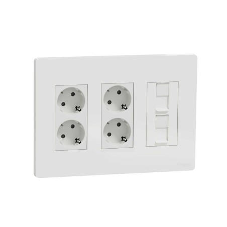 Kit puesto de trabajo empotrar 3 filas 4 schukos y 2 RJ45 blanco New Unica System+
