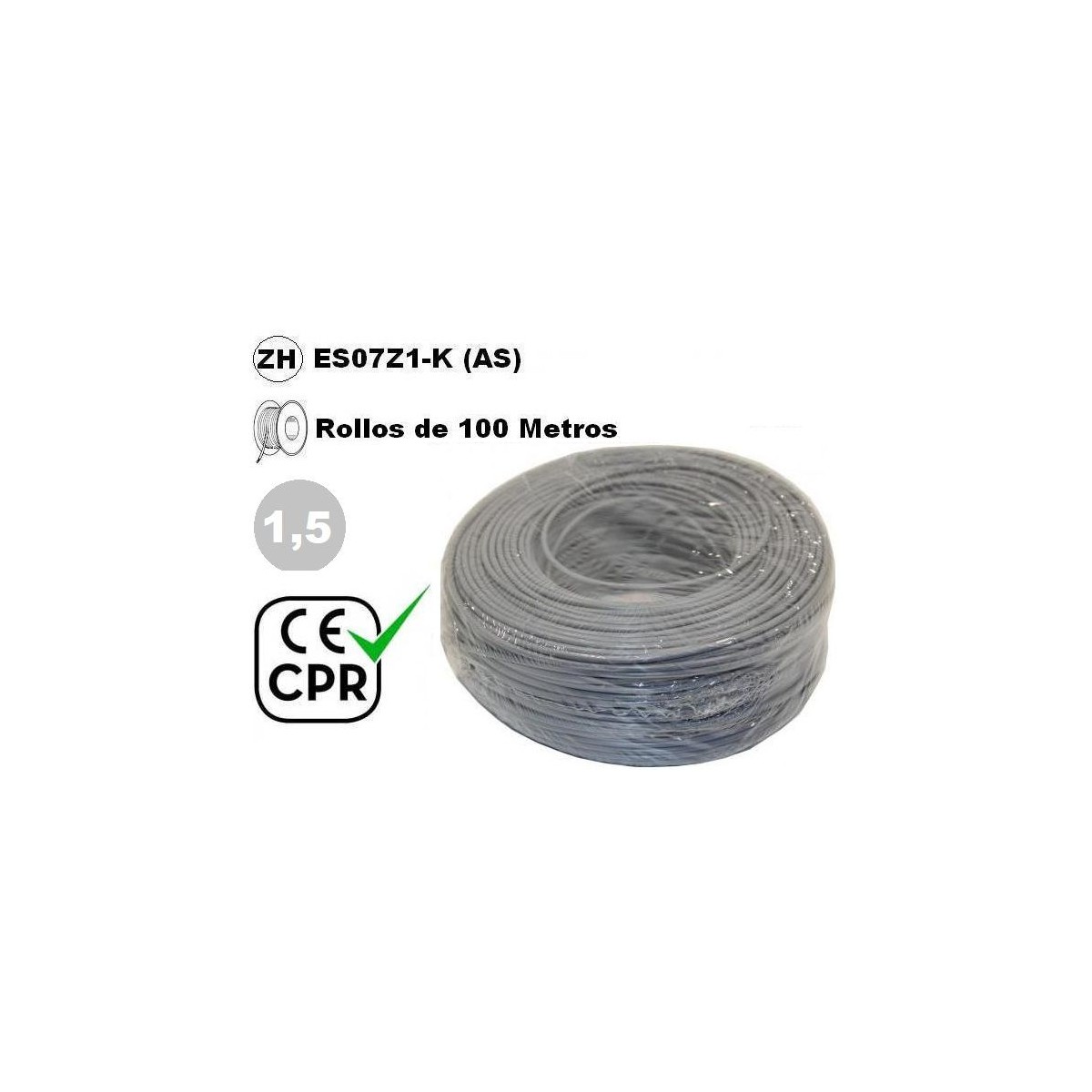 Cable flexible 1x1.5mm2 gris libre halogenos 750v CE CPR 100 Metros