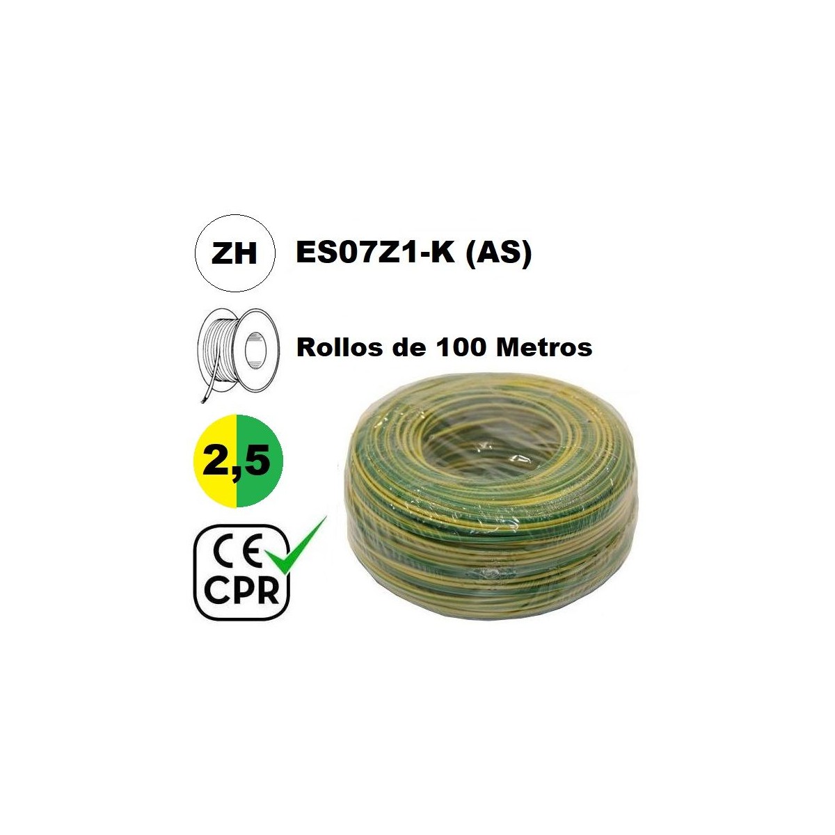 Cable flexible 1x2.5mm2 tierra libre halogenos 750v CE CPR 100 Metros