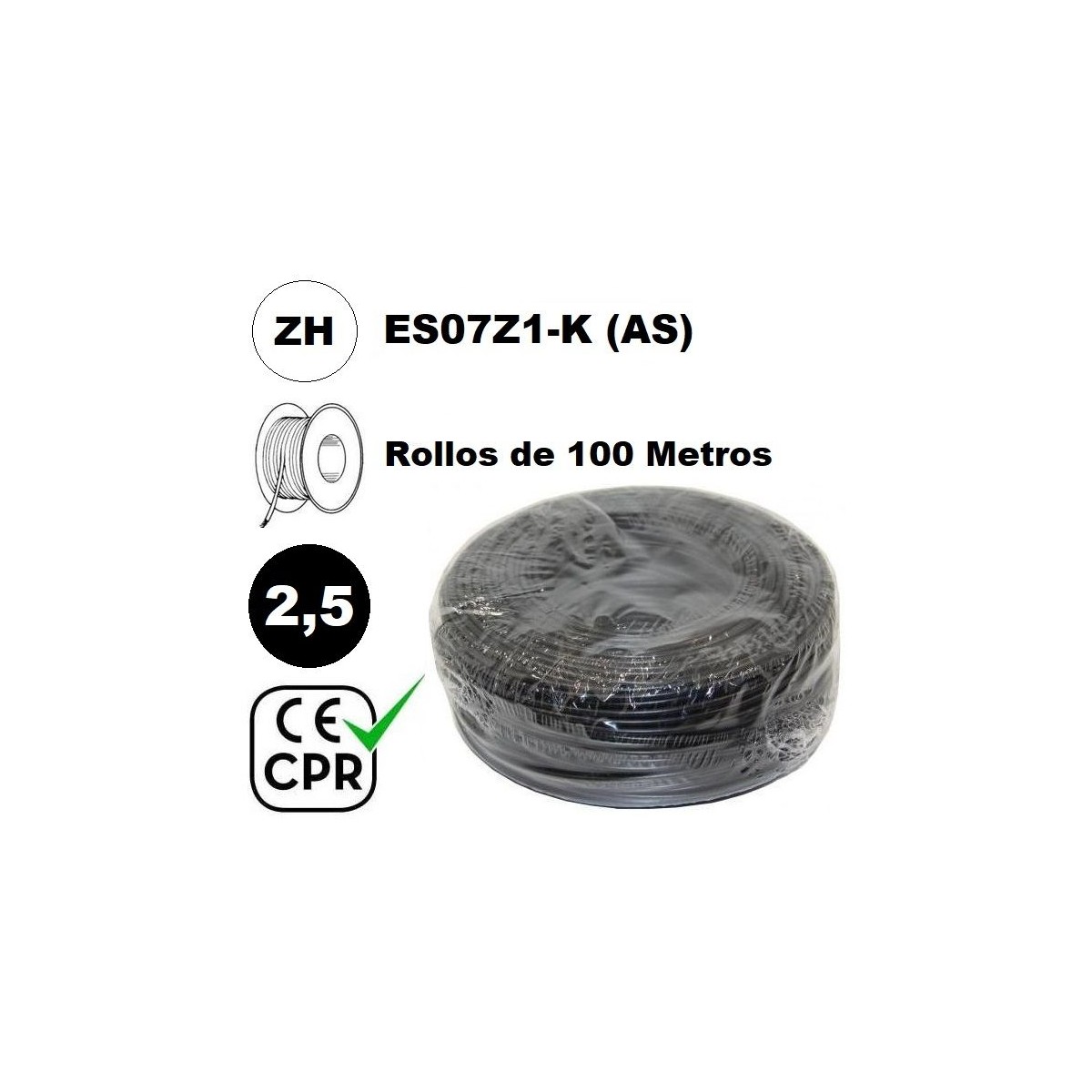 Cable flexible 1x2.5mm2 negro libre halogenos 750v CE CPR 100 Metros