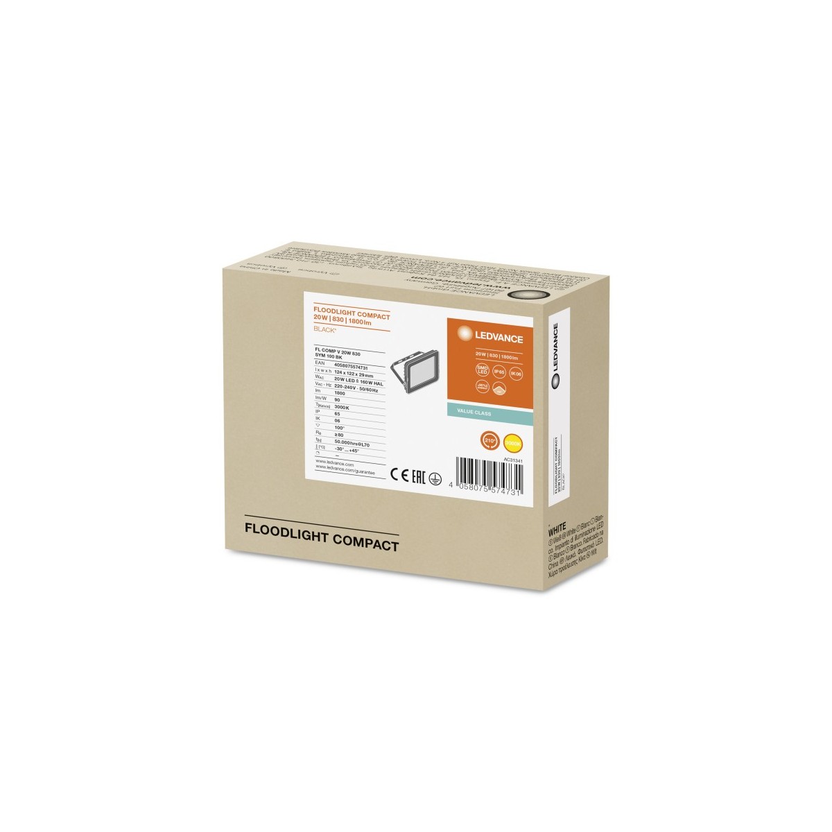 Proyector LED Exterior Slim 20W Negro Luz Blanco Calido Ledvance