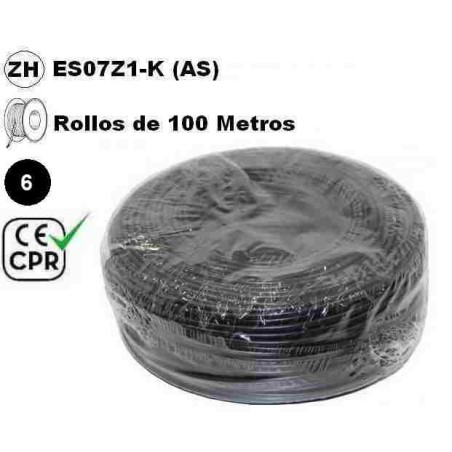 Cable flexible 1x6mm2 negro libre halogenos 750v CE CPR 100 Metros