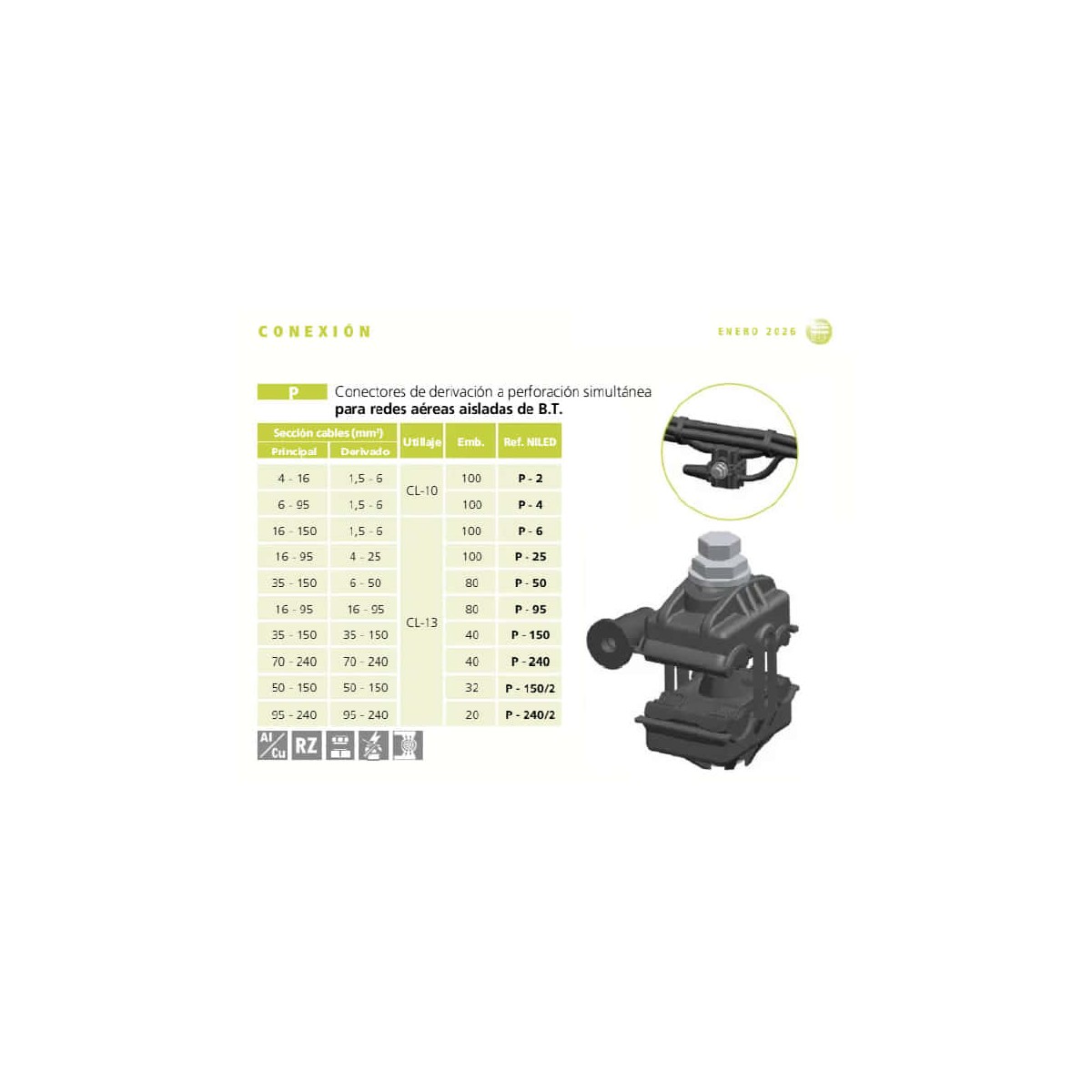 Conector P25 bimetalico aluminio cobre 16-95mm2 4-25mm2 Niled