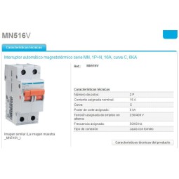 Magnetotermico 1P+N 16A Curva C 6KA Hager MN516V