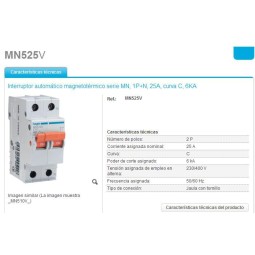 Magnetotermico 1P+N 25A Curva C 6KA Hager MN525V