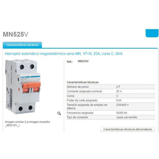 Magnetotermico 1P+N 25A Curva C 6KA Hager MN525V
