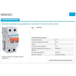 Magnetotermico 1P+N 32A Curva C 6KA Hager MN532V