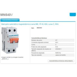 Magnetotermico 1P+N 40A Curva C 6KA Hager MN540V