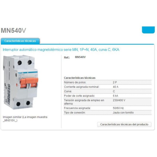 Magnetotermico 1P+N 40A Curva C 6KA Hager MN540V
