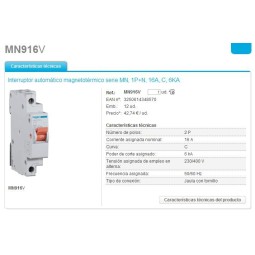Magnetotermico estrecho 1P+N 16A Curva C 6KA Hager MN916V
