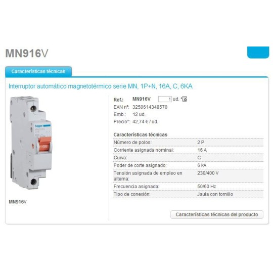 Magnetotermico estrecho 1P+N 16A Curva C 6KA Hager MN916V