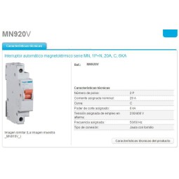 Magnetotermico estrecho 1P+N 20A Curva C 6KA  Hager MN920V