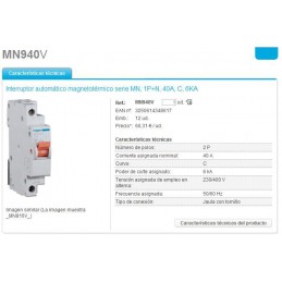 Magnetotermico estrecho 1P+N 40A Curva C 6KA  Hager MN940V