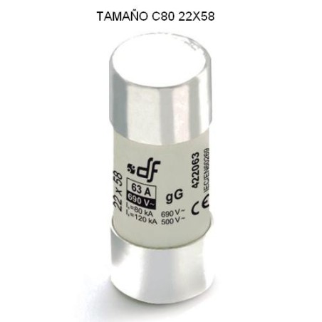 Fusible cartucho C80 63Amp 22x58 cilindrico ceramico