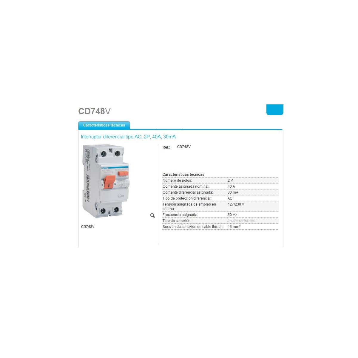 Interruptor Diferencial 2P 40A 30mA Hager CD748V