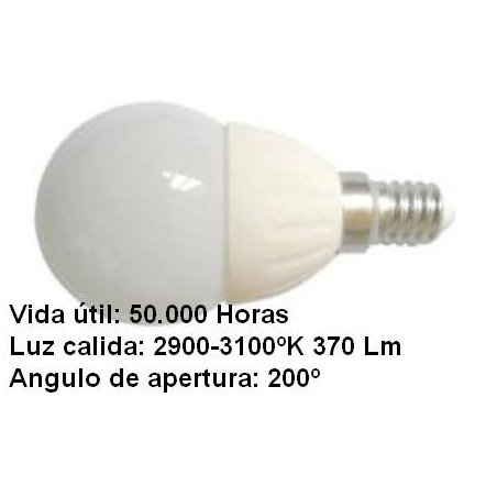 Bombilla led esferica 3w 230v e14 370lum luz blanco calido 2900-3100k Agfri 6053