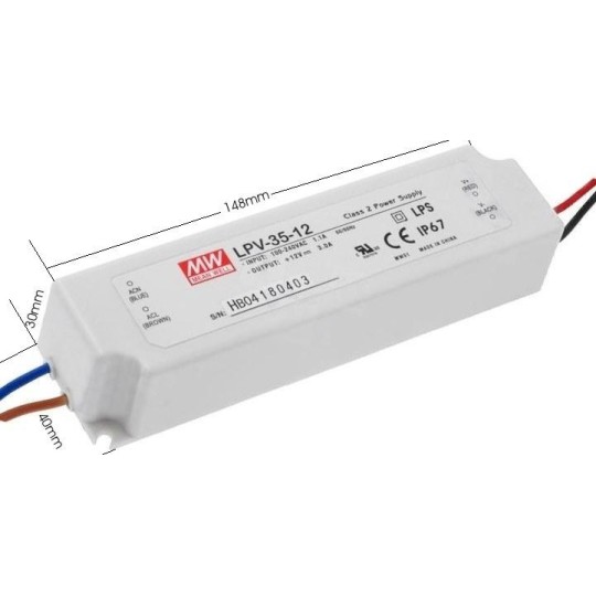 Fuente alimentacion 12V DC 3A 36W IP67 Mean Well LPV-35-12 para tiras led