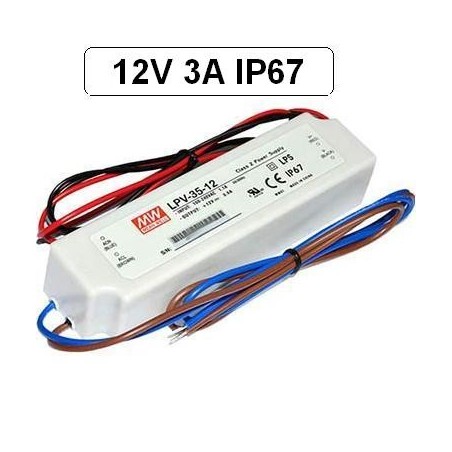 Fuente alimentacion 12V DC 3A 36W IP67 Mean Well LPV-35-12 para tiras led