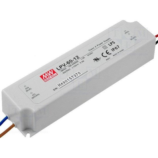 Fuente de alimentacion para tiras led 12V DC 60W 5A IP67 Mean Well LPV-60-12