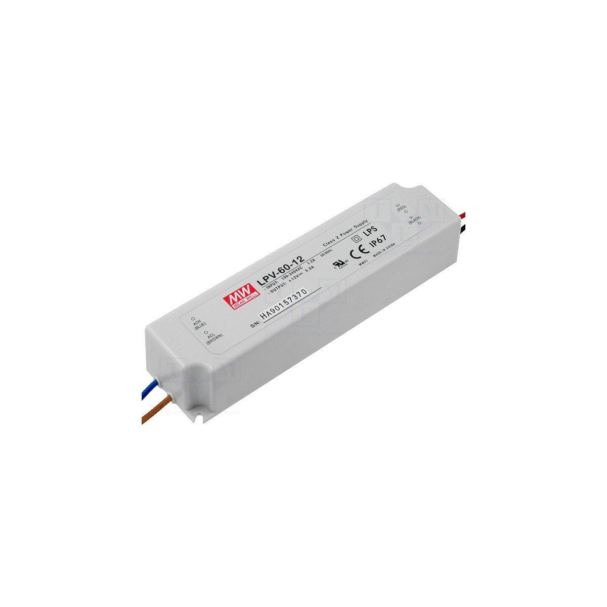 Fuente de alimentacion para tiras led 12V DC 60W 5A IP67 Mean Well LPV-60-12