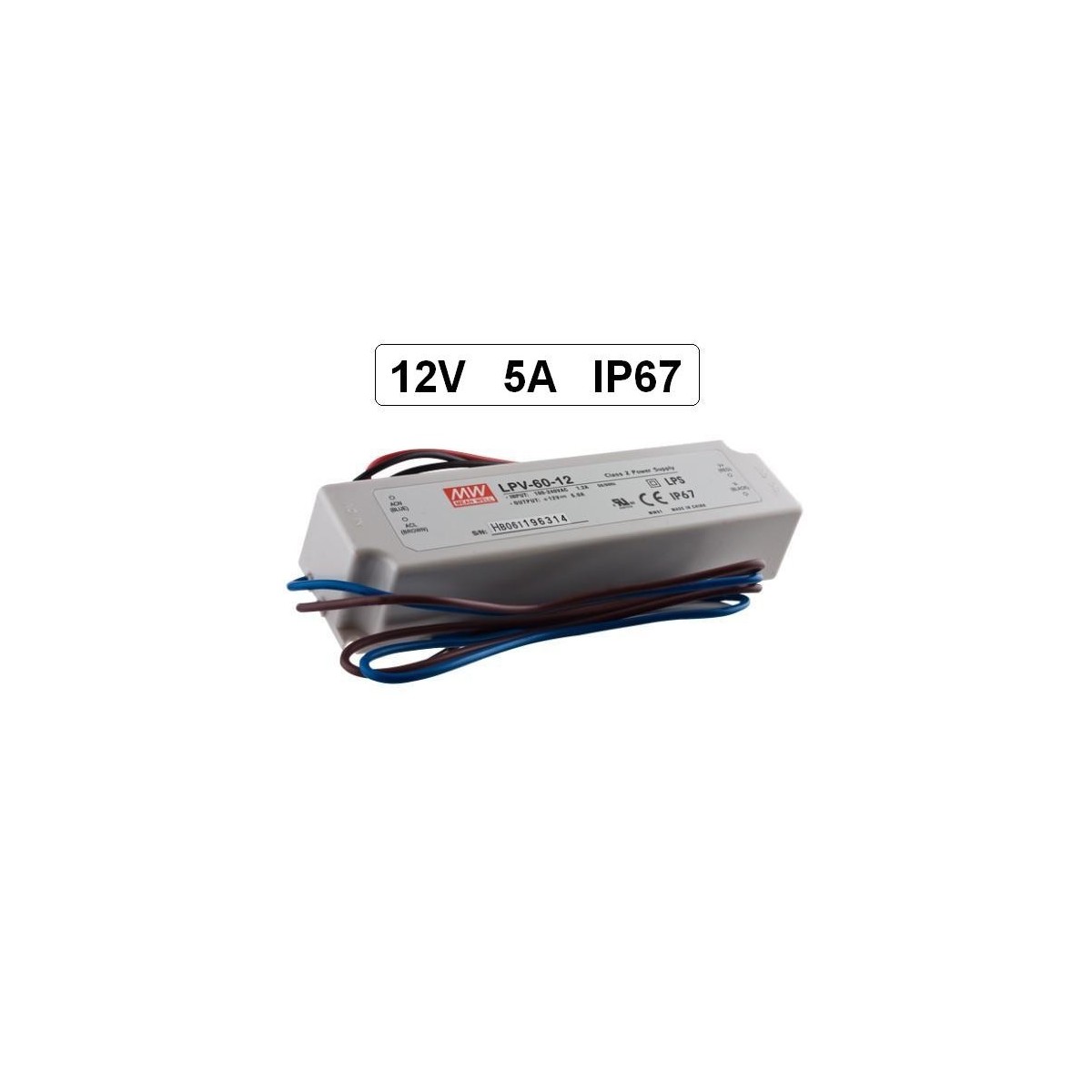 Fuente de alimentacion para tiras led 12V DC 60W 5A IP67 Mean Well LPV-60-12