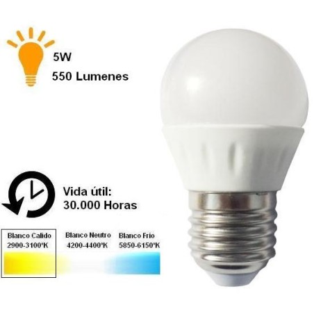 Bombilla led esferica 5w 230v e27 550lum luz blanco calido 2700-2900k Agfri 6066