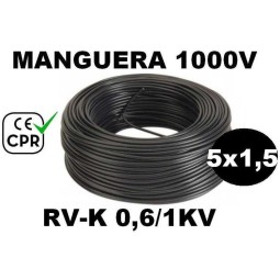 Manguera 1000v 5x1.5mm2 flexible pvc RV-K 0.6/1KV CE CPR 100 Metros