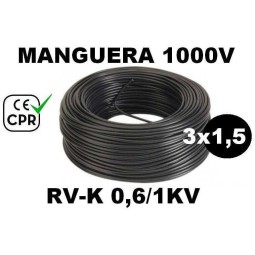 Manguera 1000v 3x1.5mm2 flexible pvc RV-K 0.6/1KV CE CPR 100 Metros
