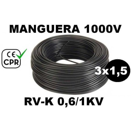 Manguera 1000v 3x1.5mm2 flexible pvc RV-K 0.6/1KV CE CPR 100 Metros