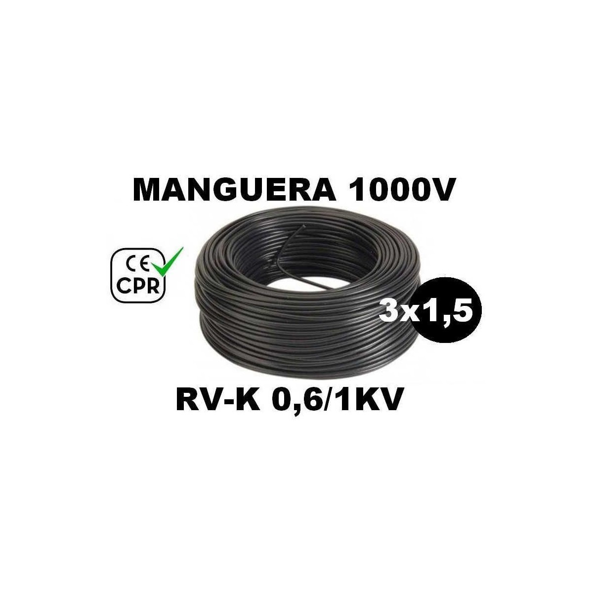 Manguera 1000v 3x1.5mm2 flexible pvc RV-K 0.6/1KV CE CPR 100 Metros