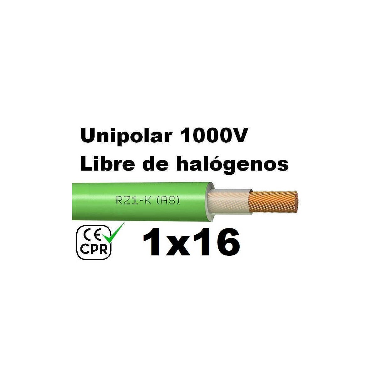 Cable 1000V 1x16mm2 flexible libre halogenos RZ1-K AS 0.6/1KV CE CPR Al Corte