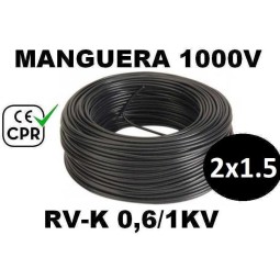 Manguera 1000v 2x1.5mm2 flexible pvc RV-K 0.6/1KV CE CPR 100 Metros