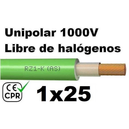 Cable 1000V 1x25mm2 flexible libre halogenos RZ1-K AS 0.6/1KV CE CPR Al Corte