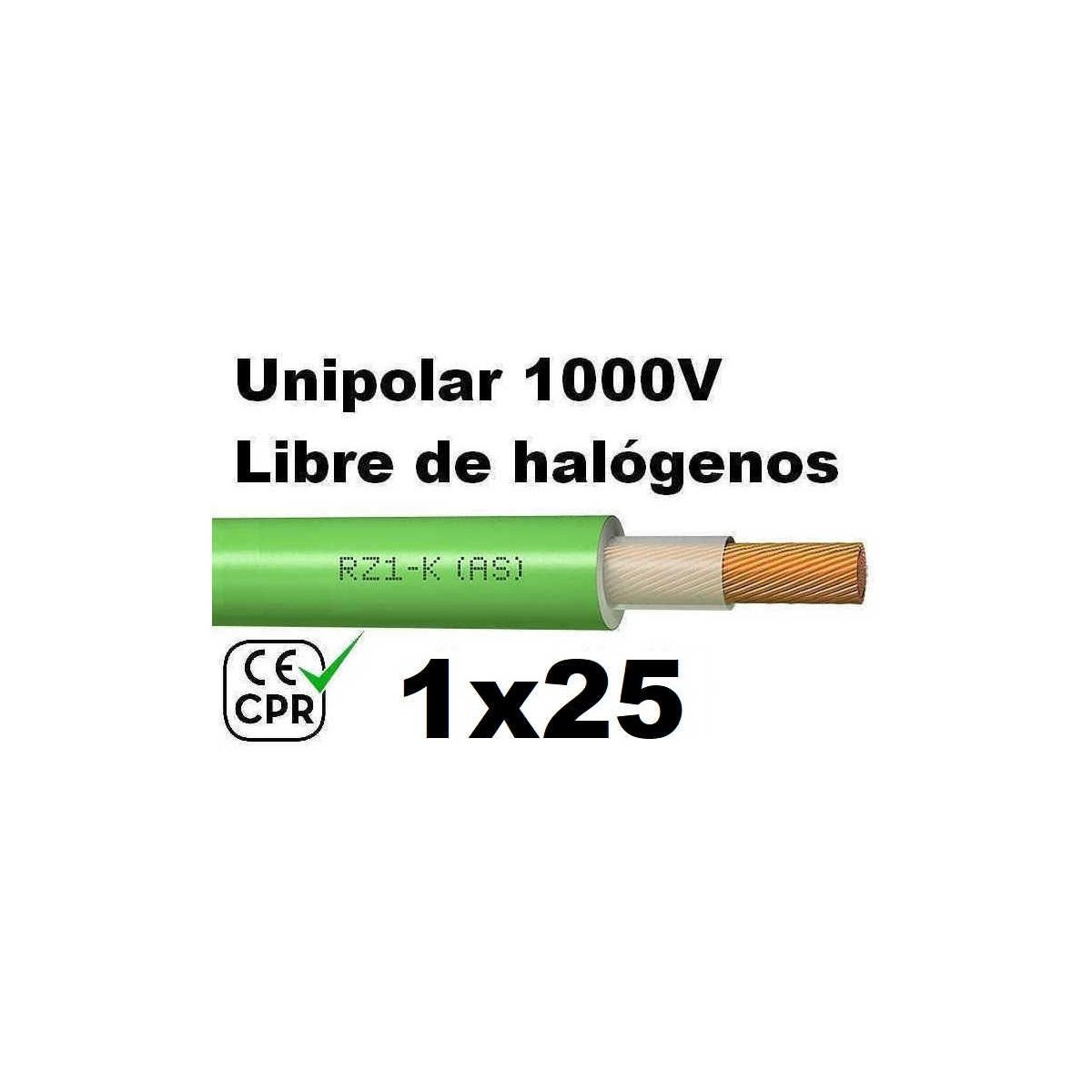 Cable 1000V 1x25mm2 flexible libre halogenos RZ1-K AS 0.6/1KV CE CPR Al Corte