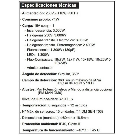 Detector movimiento DM TEC 004 techo 360º 230V 6 metros Dinuy