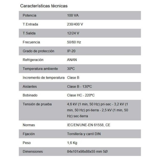 Transformador de maniobra 230-400/12-24V AC 100VA Polilux PB100
