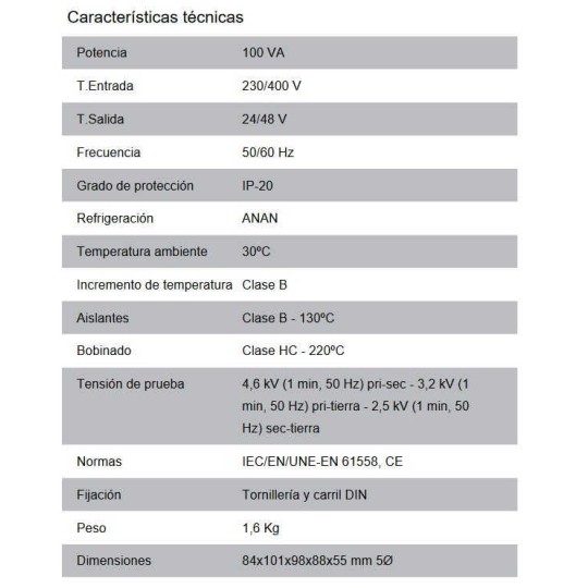 Transformador de maniobra 230-400/24-48V AC 100VA Polilux PC100